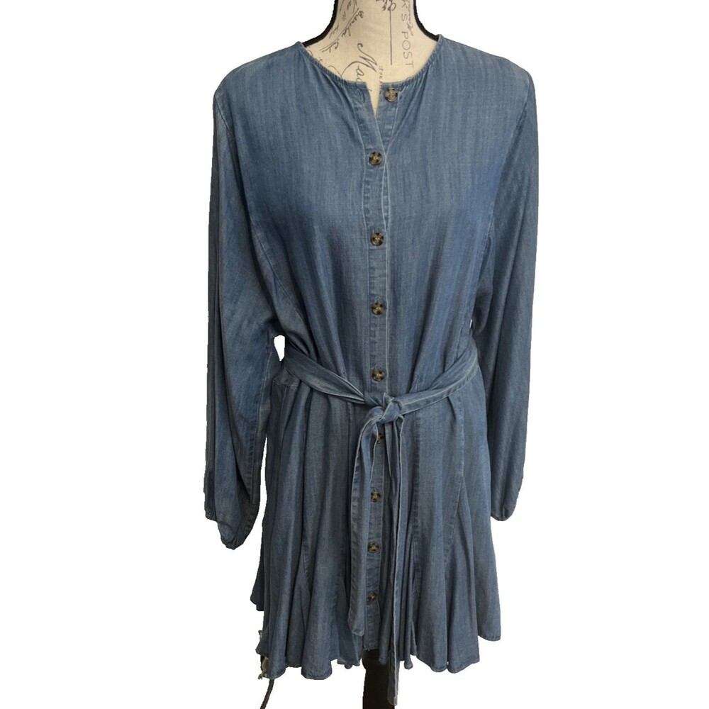 Chambray Denim Shirt Dress Women M Belted Button Front Western Boho Fall Dance